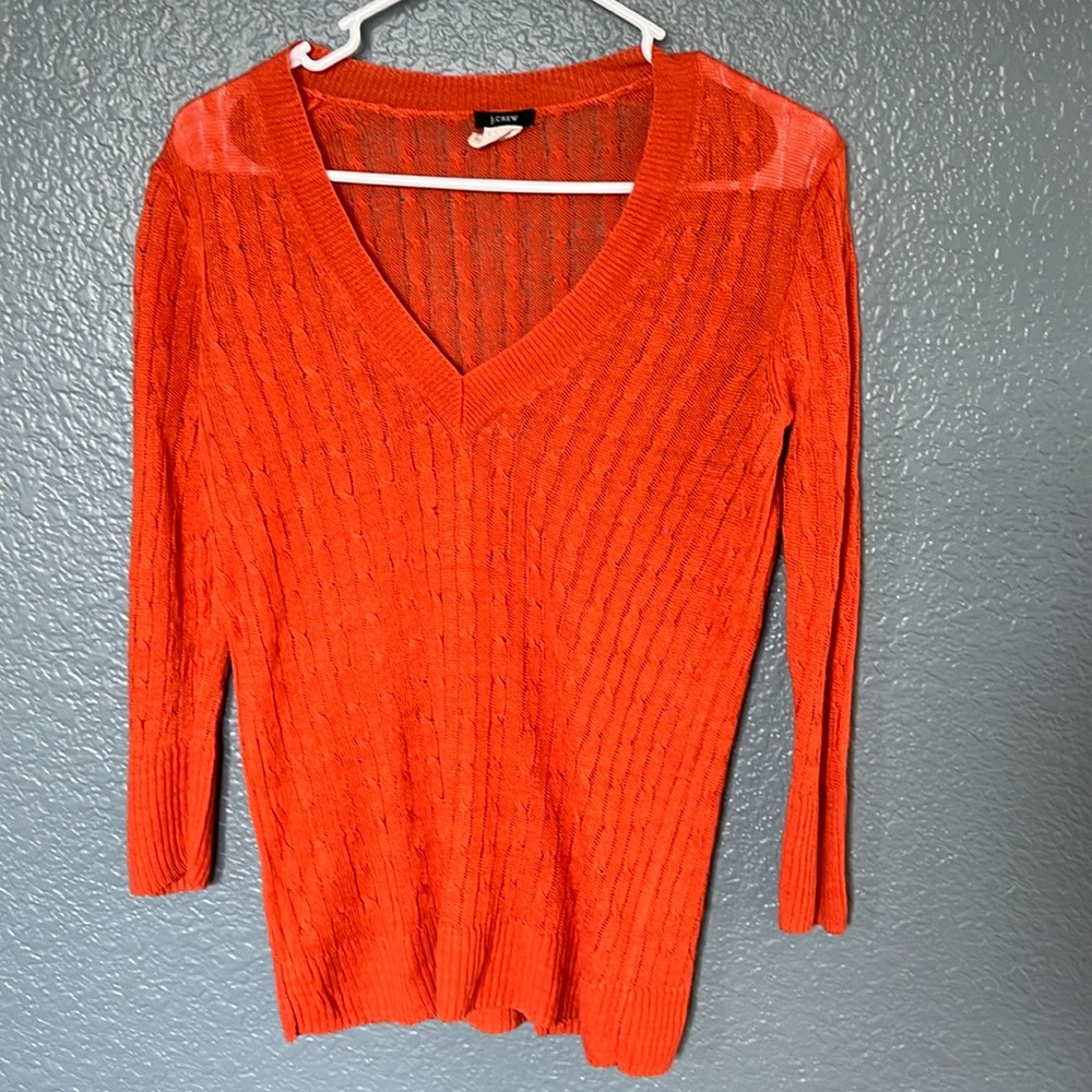 J.Crew// Women’s Sweater xs 100% Linen Orange Cable Knit V Neck Pullover Relaxed